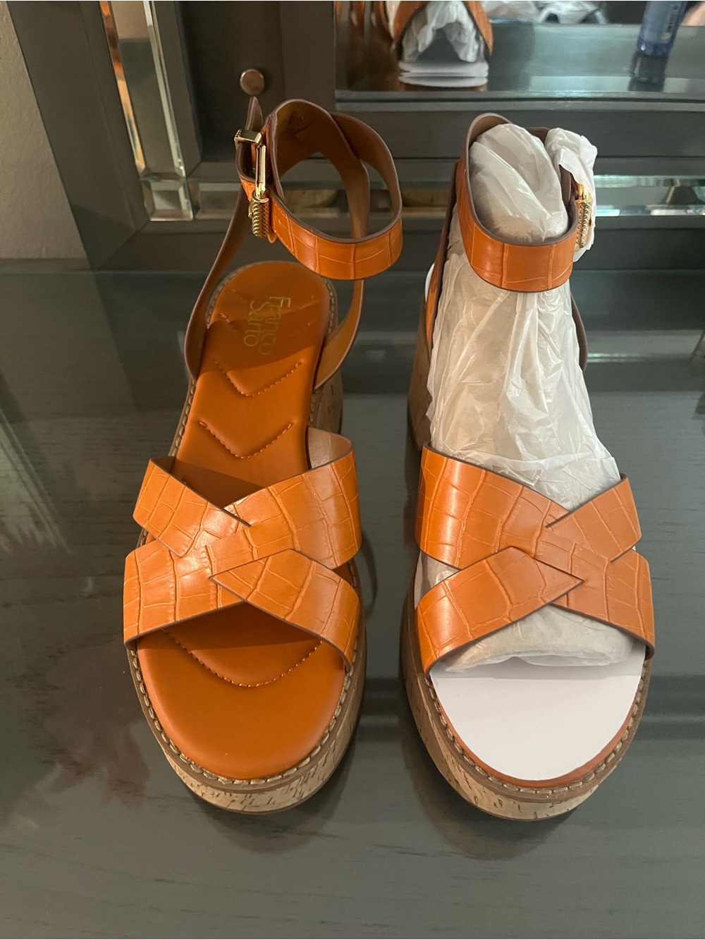 Franco Sarto Orange Croc-Embossed Cork Platform Wedge Sandals - Picture 2 of 3